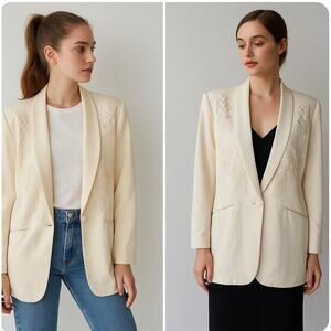 VTG Suzelle 100% Silk Ivory Oversized Boyfriend Blazer Embroidered‎ Jacket Sz 12